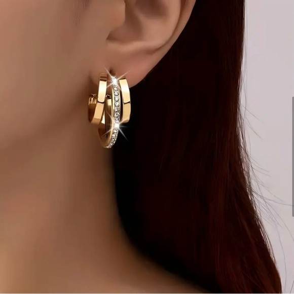 Jewelry - Gold And Rhinestone Triple Layered Hoop Earrings